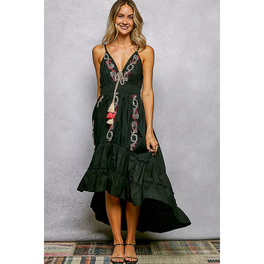 POL Embroidered Detail Tassel Tie Smocked Waist Midi Tiered Cami Dress BLACK / S Apparel and Accessories