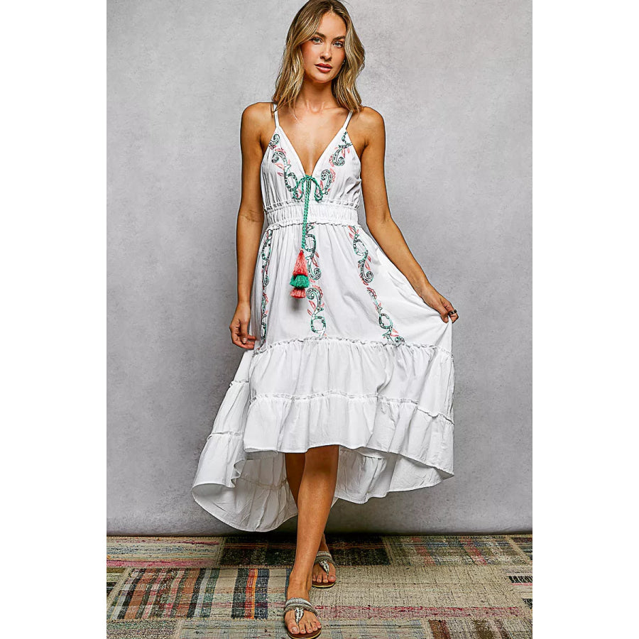 POL Embroidered Detail Tassel Tie Smocked Waist Midi Tiered Cami Dress IVORY / S Apparel and Accessories