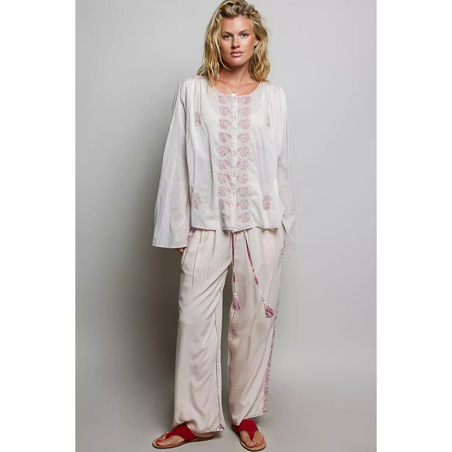 POL Embroidered Gathered Shoulder Long Sleeve Shirt Apparel and Accessories