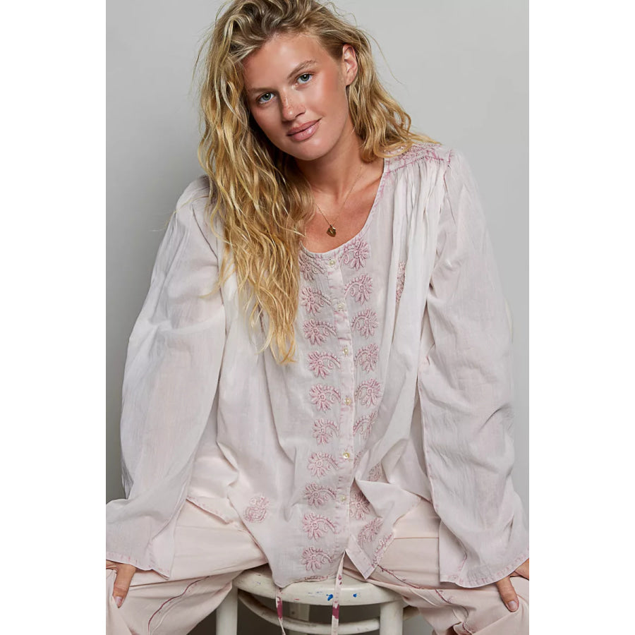 POL Embroidered Gathered Shoulder Long Sleeve Shirt Apparel and Accessories