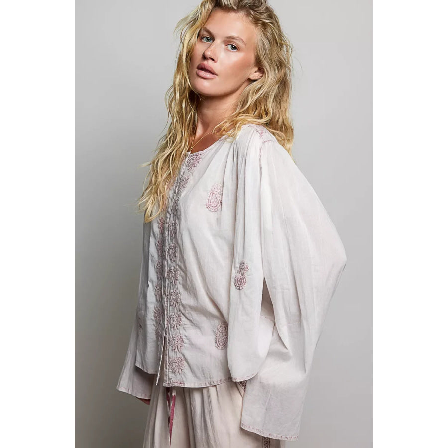 POL Embroidered Gathered Shoulder Long Sleeve Shirt Apparel and Accessories