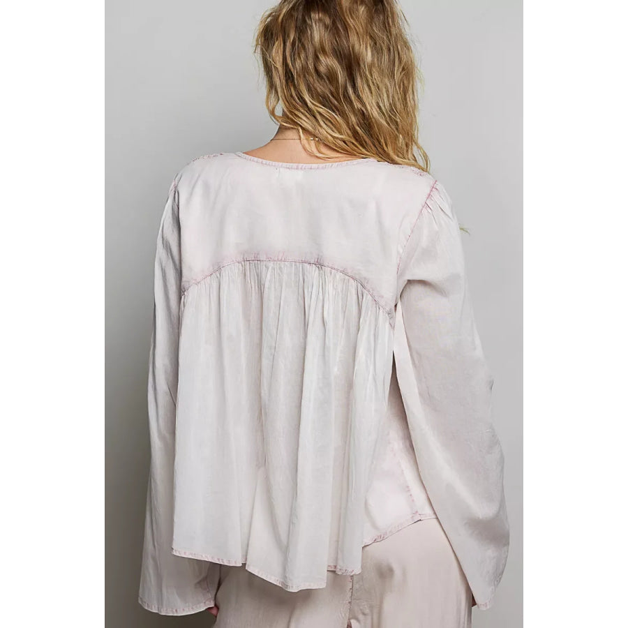 POL Embroidered Gathered Shoulder Long Sleeve Shirt Apparel and Accessories