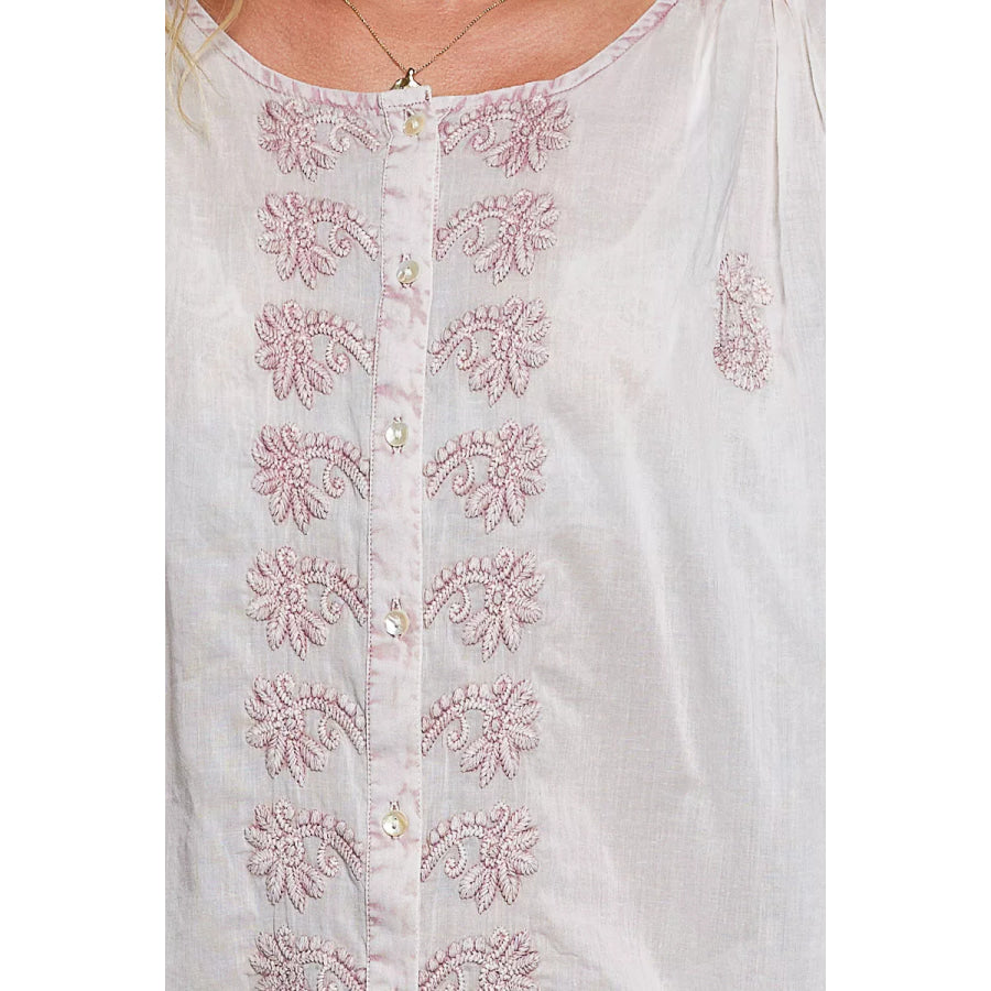 POL Embroidered Gathered Shoulder Long Sleeve Shirt Apparel and Accessories