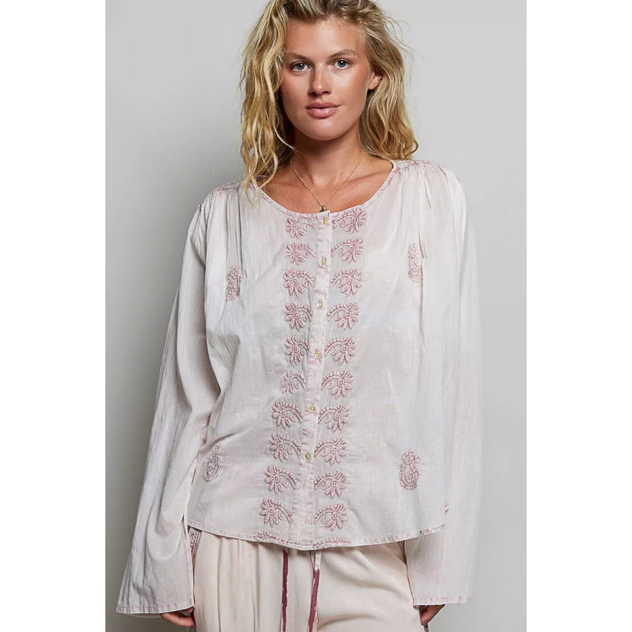 POL Embroidered Gathered Shoulder Long Sleeve Shirt Apparel and Accessories