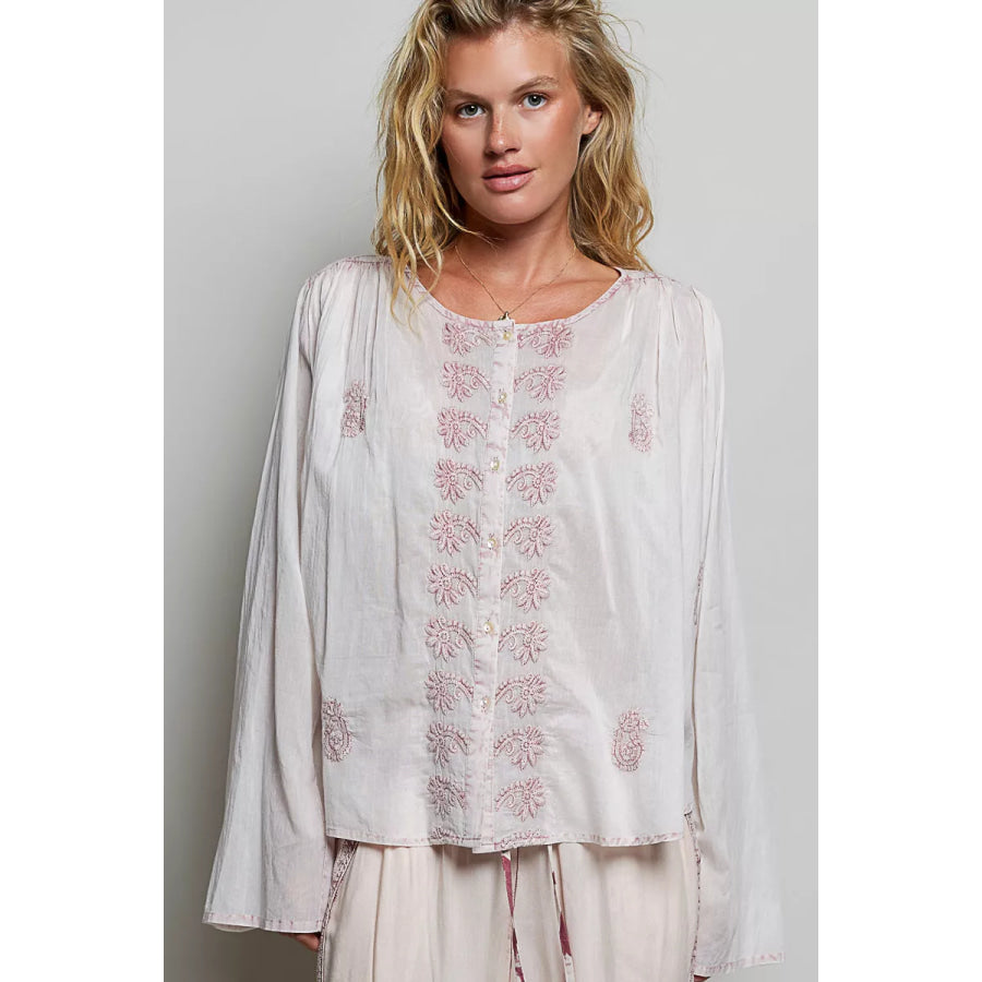 POL Embroidered Gathered Shoulder Long Sleeve Shirt BLUSH / S Apparel and Accessories