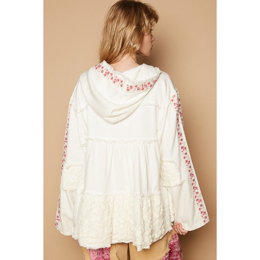 POL Embroidered Lace Patch Zip Up Hooded Jacket Apparel and Accessories