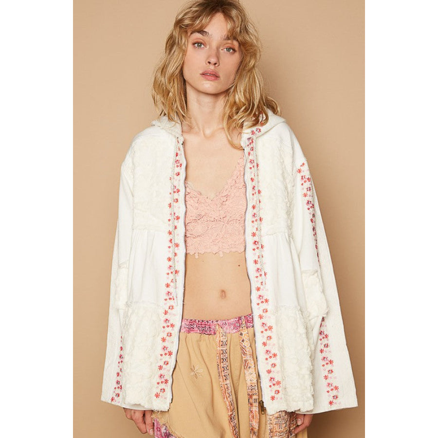 POL Embroidered Lace Patch Zip Up Hooded Jacket Ivory / S Apparel and Accessories