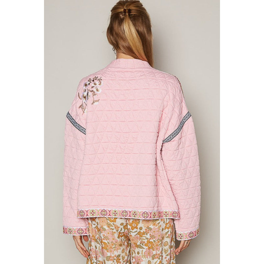 POL Embroidered Open Front Long Sleeve Jacket Blush Pink / S Apparel and Accessories