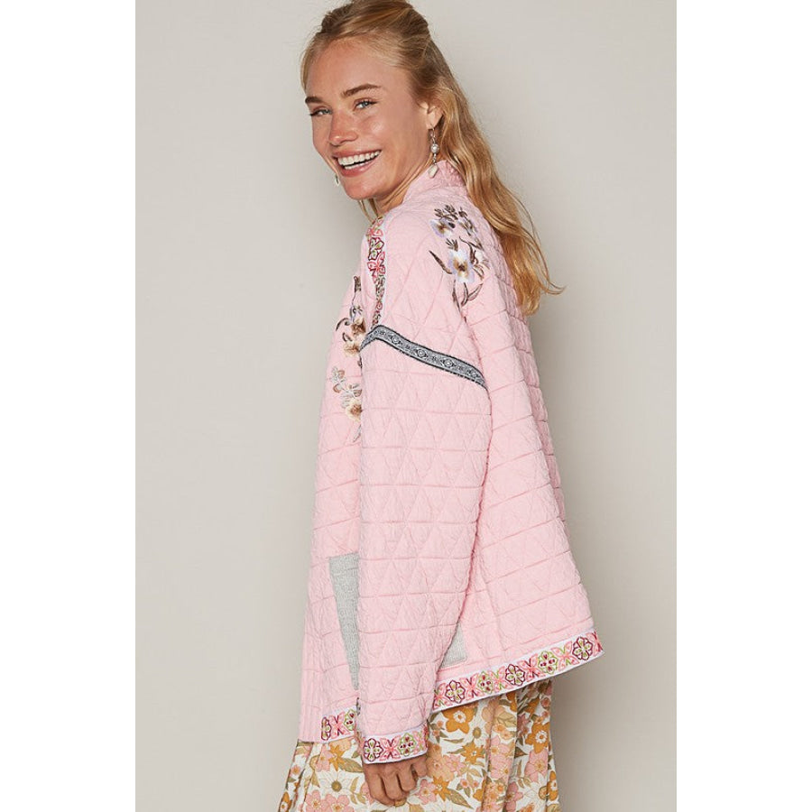 POL Embroidered Open Front Long Sleeve Jacket Apparel and Accessories