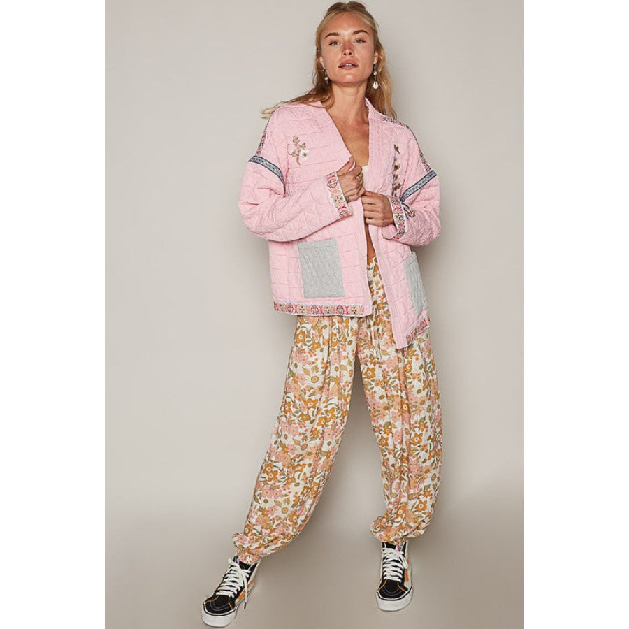 POL Embroidered Open Front Long Sleeve Jacket Apparel and Accessories