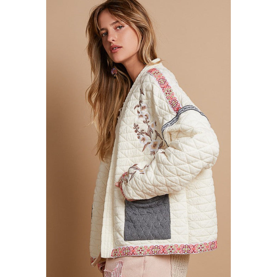 POL Embroidered Open Front Long Sleeve Jacket Apparel and Accessories