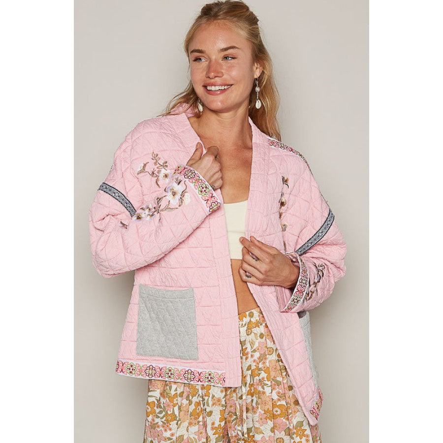 POL Embroidered Open Front Long Sleeve Jacket Blush Pink / S Apparel and Accessories