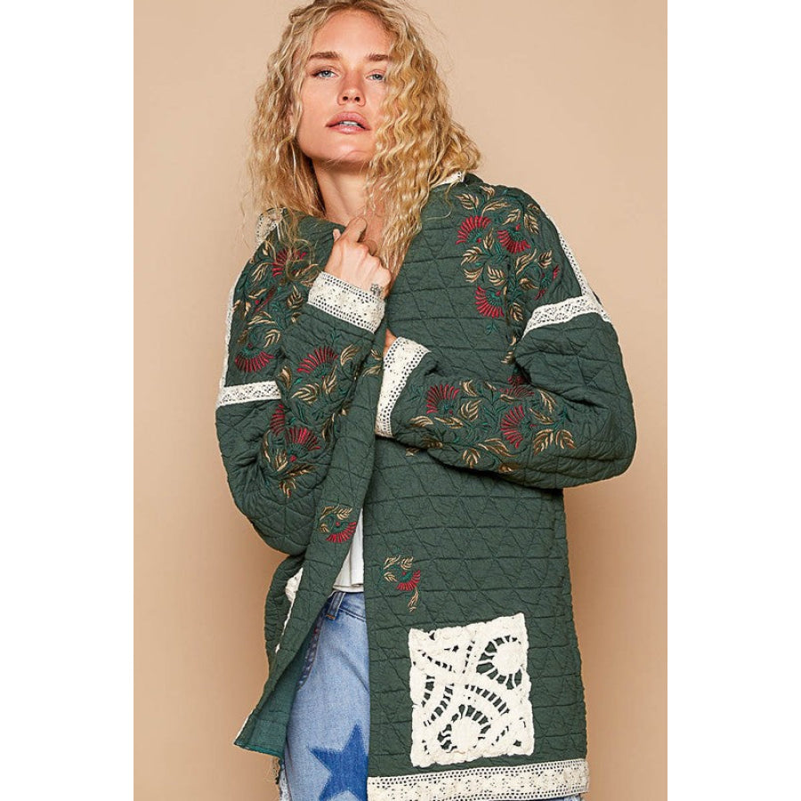 POL Embroidered Open Front Quilted Jacket with Crochet Pockets Apparel and Accessories