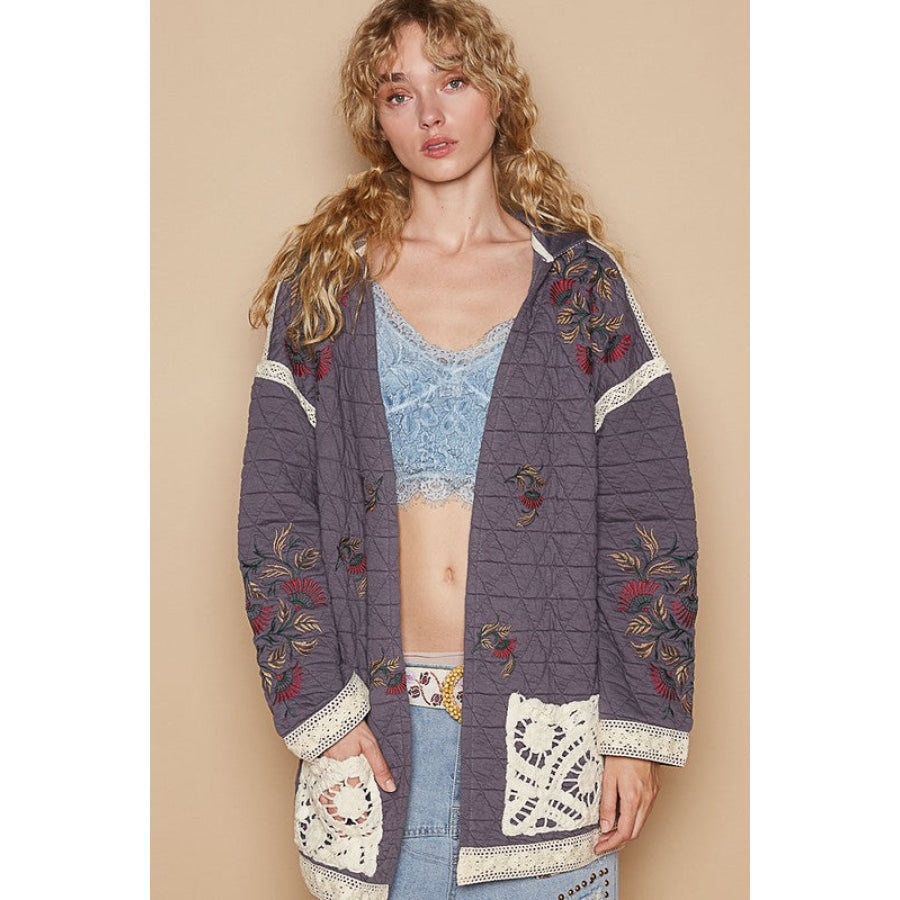 POL Embroidered Open Front Quilted Jacket with Crochet Pockets Apparel and Accessories