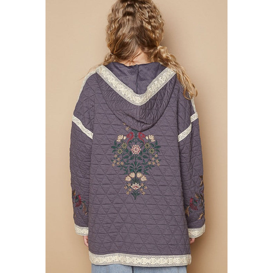 POL Embroidered Open Front Quilted Jacket with Crochet Pockets Mauve / S Apparel and Accessories