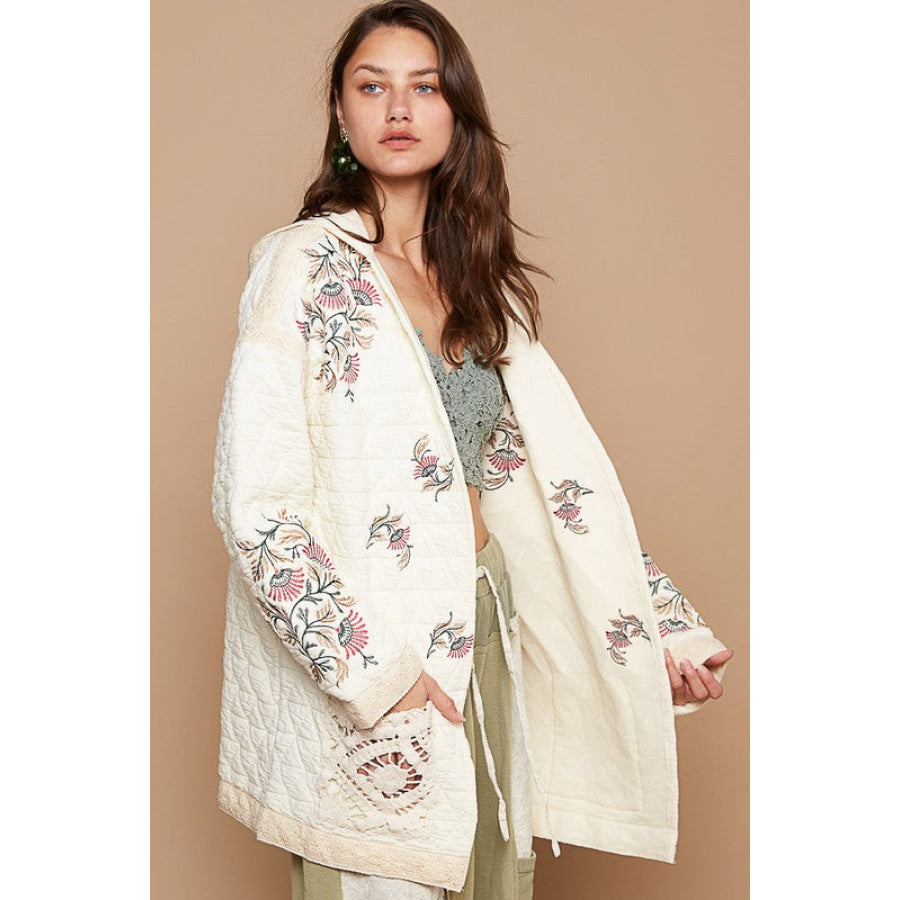 POL Embroidered Open Front Quilted Jacket with Crochet Pockets Apparel and Accessories