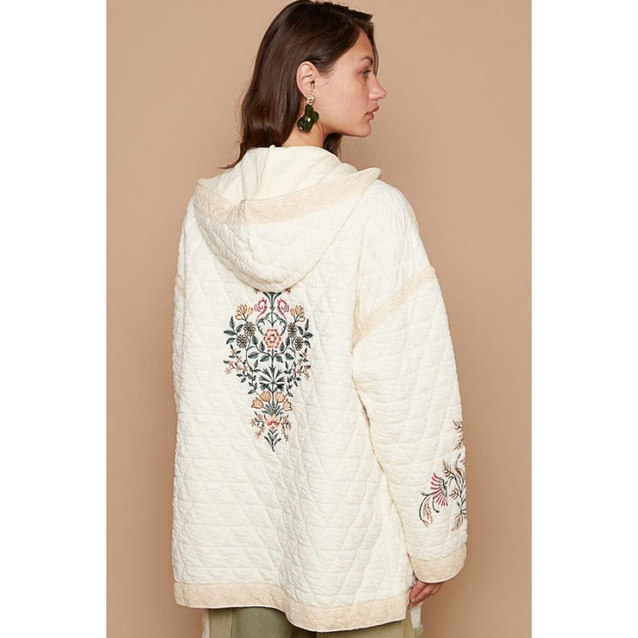 POL Embroidered Open Front Quilted Jacket with Crochet Pockets Apparel and Accessories