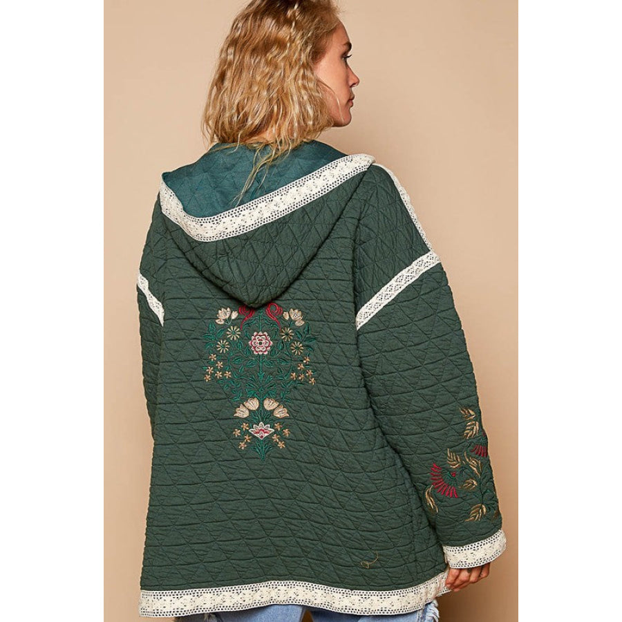 POL Embroidered Open Front Quilted Jacket with Crochet Pockets Apparel and Accessories