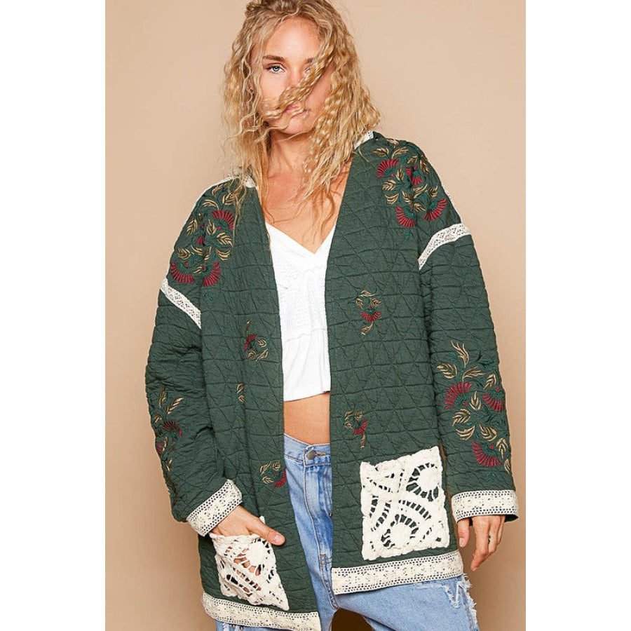 POL Embroidered Open Front Quilted Jacket with Crochet Pockets Apparel and Accessories