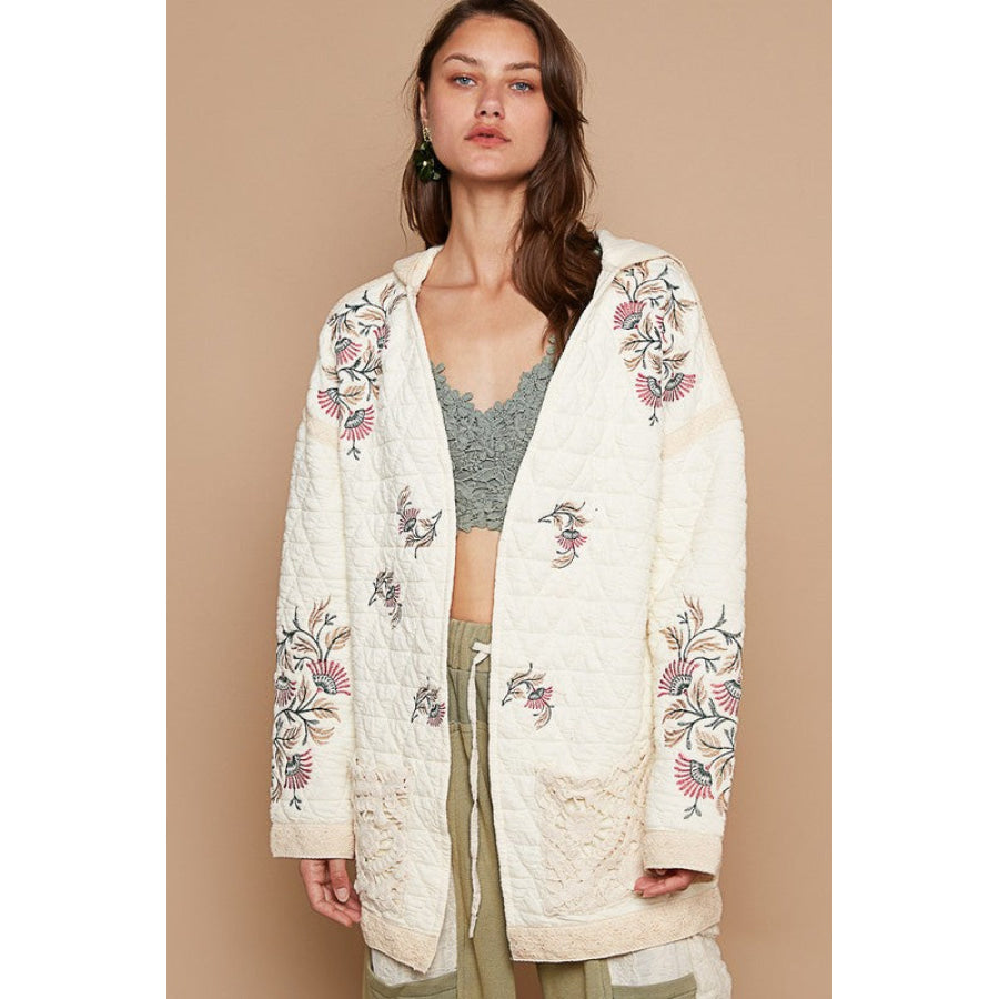 POL Embroidered Open Front Quilted Jacket with Crochet Pockets Cream / S Apparel and Accessories