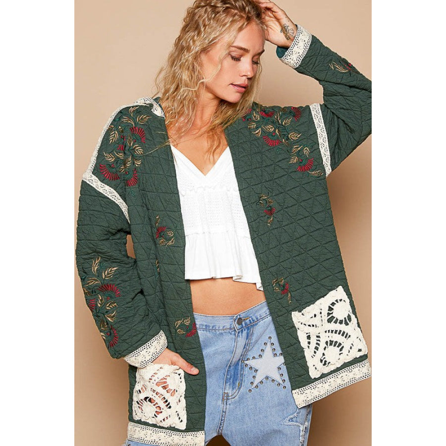 POL Embroidered Open Front Quilted Jacket with Crochet Pockets Dark Green / S Apparel and Accessories