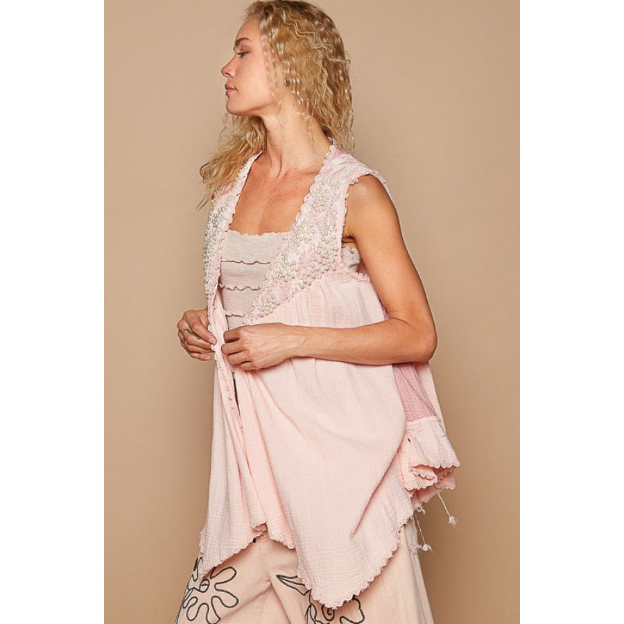 POL Embroidered Pearls Open Front Sleeveless Cardigan Apricot / S Apparel and Accessories