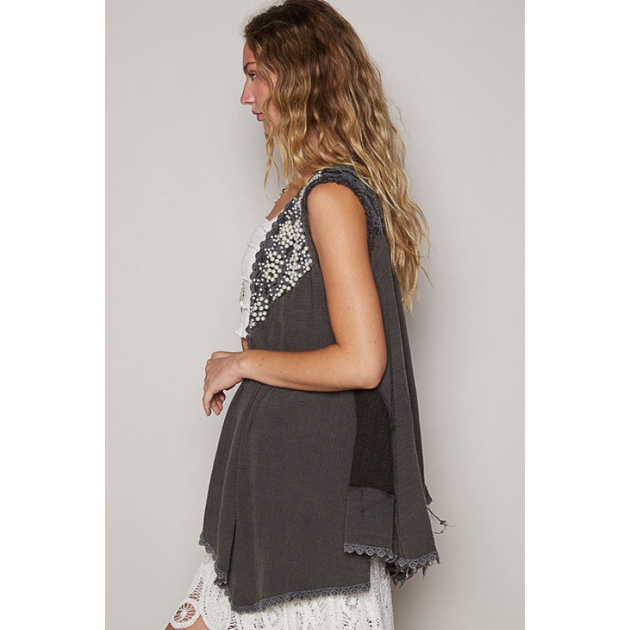 POL Embroidered Pearls Open Front Sleeveless Cardigan Charcoal / S Apparel and Accessories