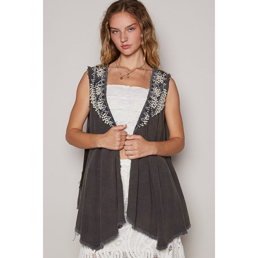 POL Embroidered Pearls Open Front Sleeveless Cardigan Apparel and Accessories