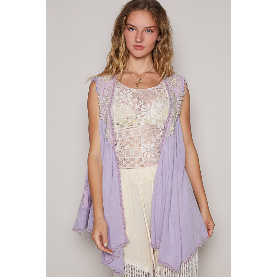 POL Embroidered Pearls Open Front Sleeveless Cardigan Apparel and Accessories