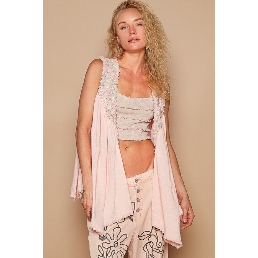 POL Embroidered Pearls Open Front Sleeveless Cardigan Apricot / S Apparel and Accessories