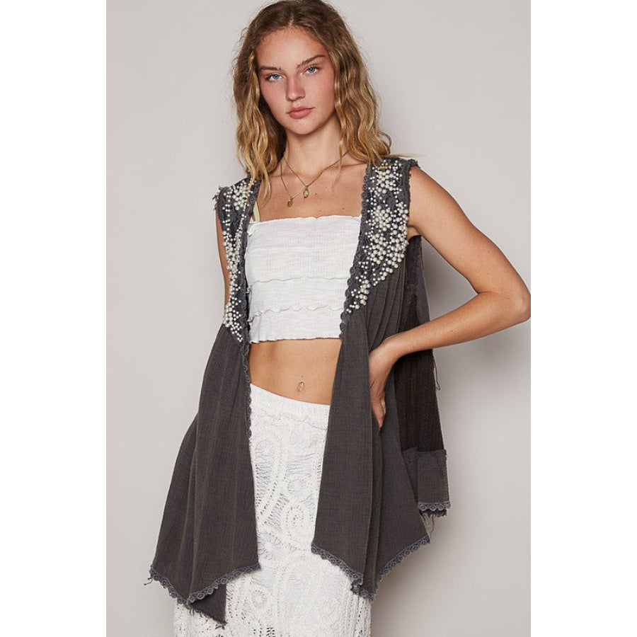 POL Embroidered Pearls Open Front Sleeveless Cardigan Charcoal / S Apparel and Accessories