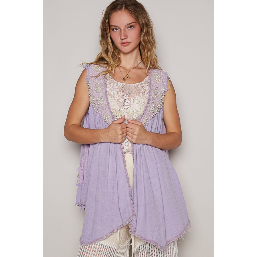 POL Embroidered Pearls Open Front Sleeveless Cardigan Lavender / S Apparel and Accessories