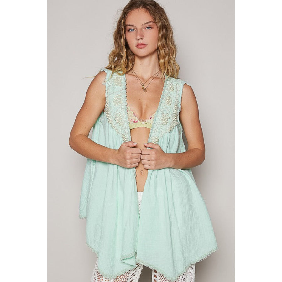 POL Embroidered Pearls Open Front Sleeveless Cardigan Pale Mint / S Apparel and Accessories