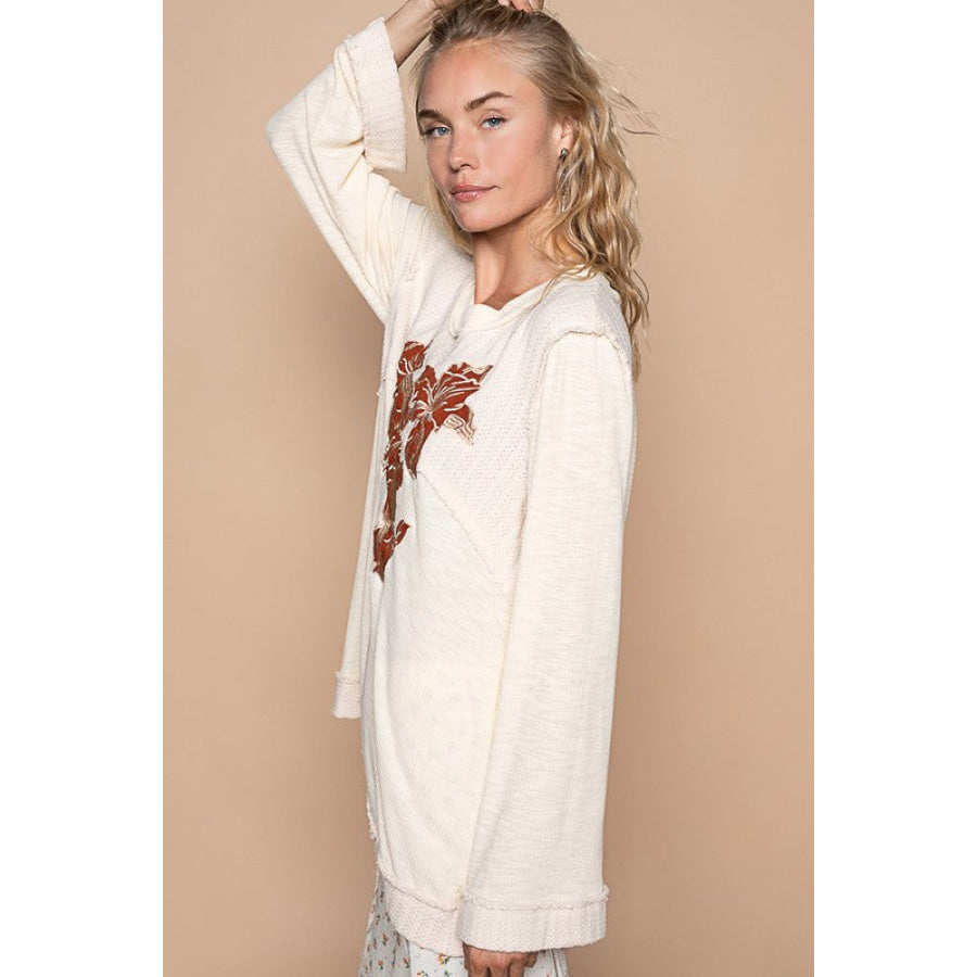 POL Embroidered Round Neck Long Sleeve Knit Top Apparel and Accessories
