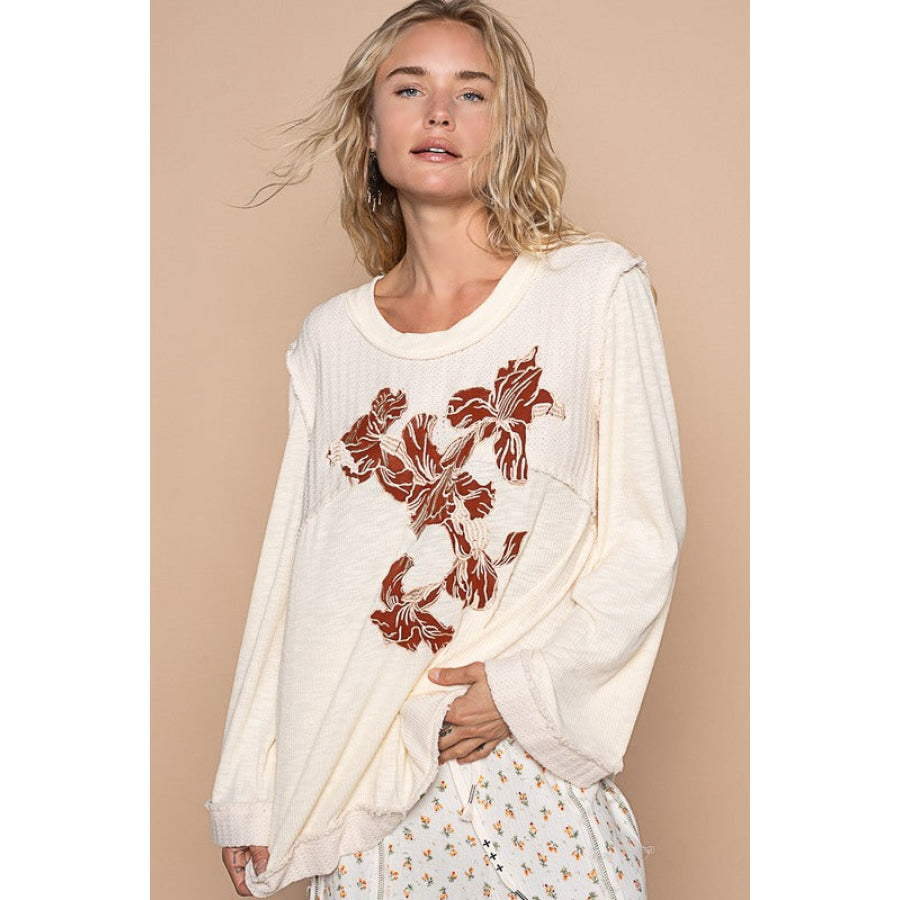 POL Embroidered Round Neck Long Sleeve Knit Top Apparel and Accessories