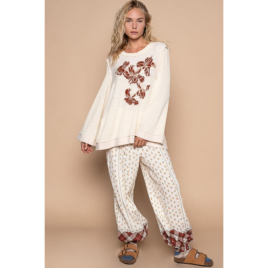 POL Embroidered Round Neck Long Sleeve Knit Top Apparel and Accessories