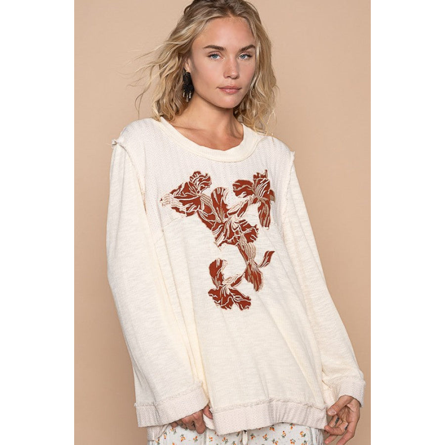 POL Embroidered Round Neck Long Sleeve Knit Top Cream / S Apparel and Accessories