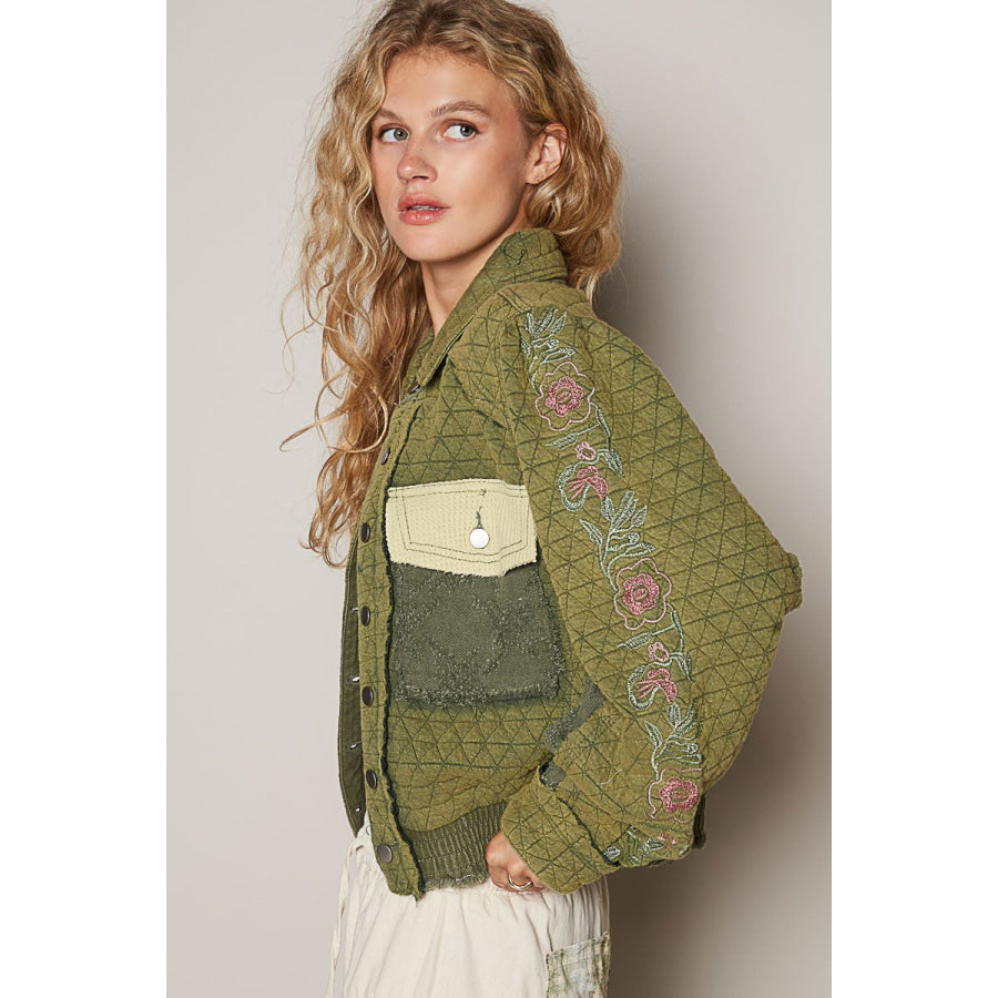 POL Embroidered Sleeve Raw Edge Quilted Jacket Apparel and Accessories