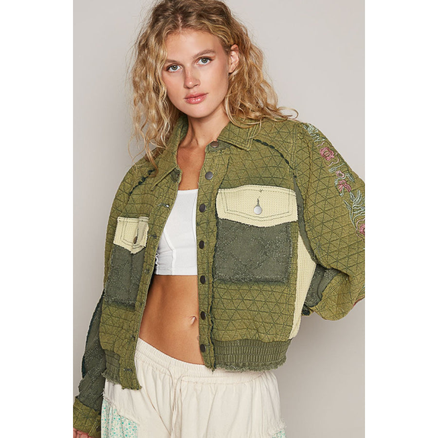 POL Embroidered Sleeve Raw Edge Quilted Jacket Apparel and Accessories