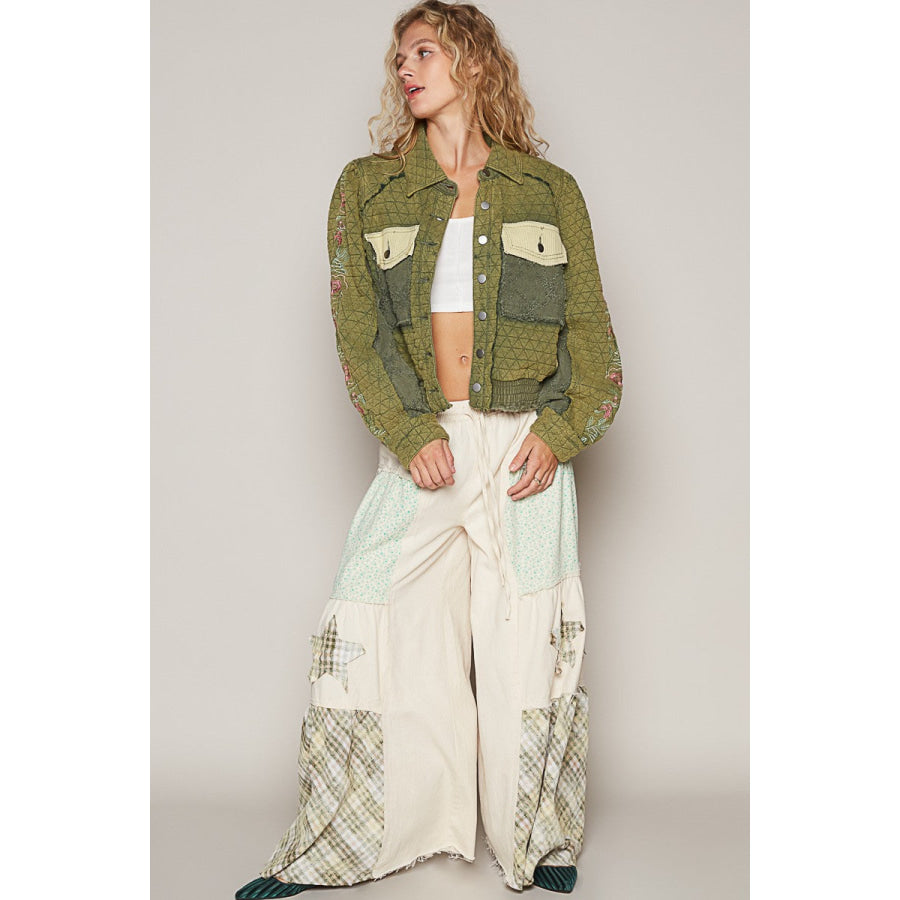 POL Embroidered Sleeve Raw Edge Quilted Jacket Apparel and Accessories