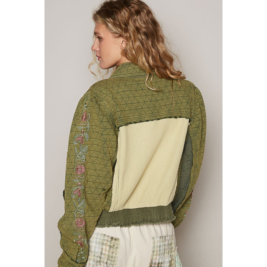 POL Embroidered Sleeve Raw Edge Quilted Jacket Apparel and Accessories