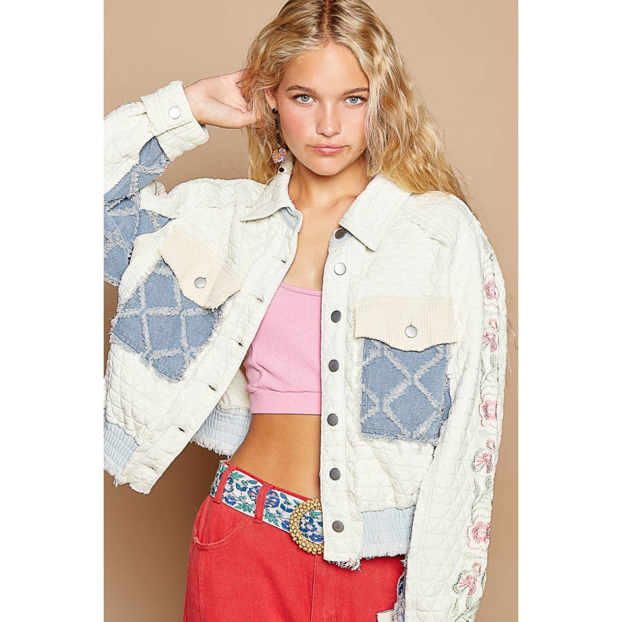 POL Embroidered Sleeve Raw Edge Quilted Jacket Apparel and Accessories