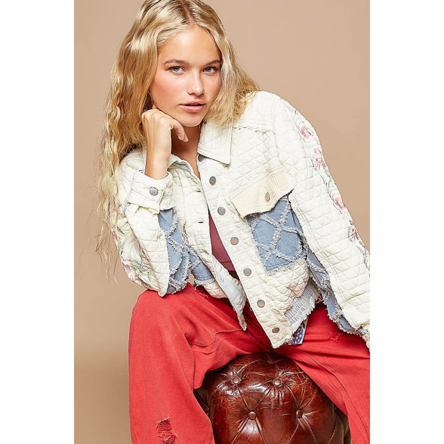 POL Embroidered Sleeve Raw Edge Quilted Jacket Apparel and Accessories