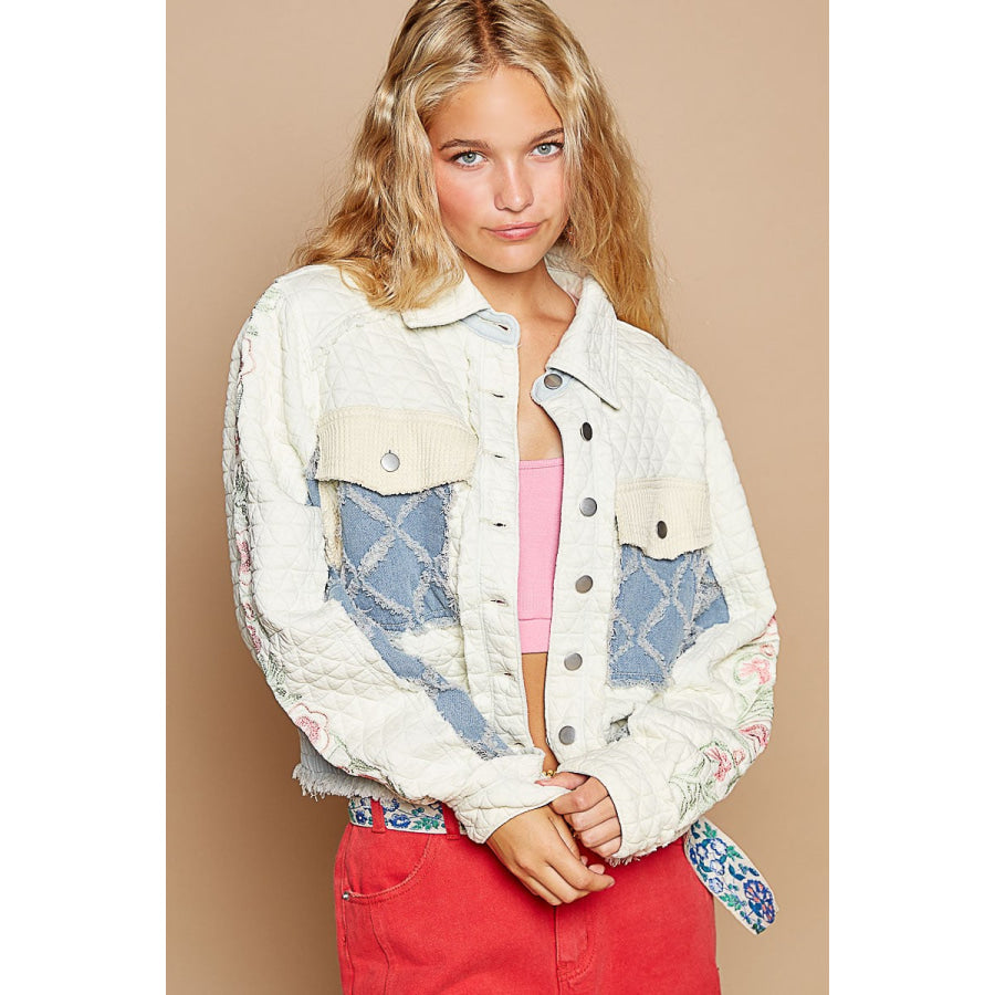 POL Embroidered Sleeve Raw Edge Quilted Jacket Apparel and Accessories