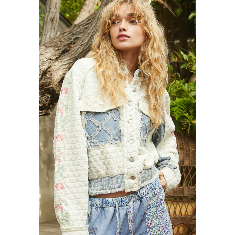 POL Embroidered Sleeve Raw Edge Quilted Jacket Apparel and Accessories