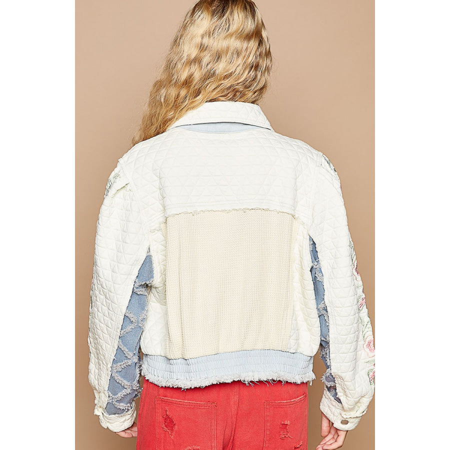 POL Embroidered Sleeve Raw Edge Quilted Jacket Apparel and Accessories