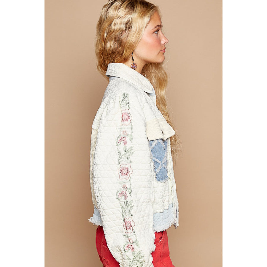 POL Embroidered Sleeve Raw Edge Quilted Jacket Apparel and Accessories