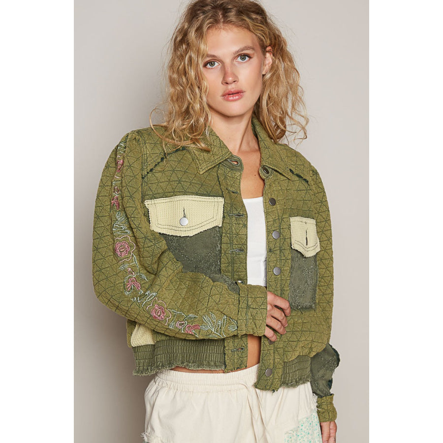 POL Embroidered Sleeve Raw Edge Quilted Jacket Basil Multi / S Apparel and Accessories