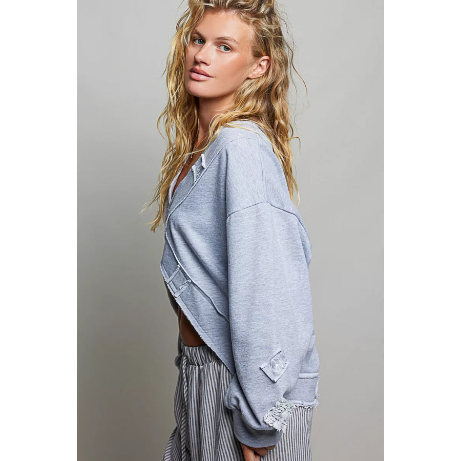 POL Exposed Outseam Crochet Patch V-Neck Sweatshirt with Open Wrap-Style Design Apparel and Accessories