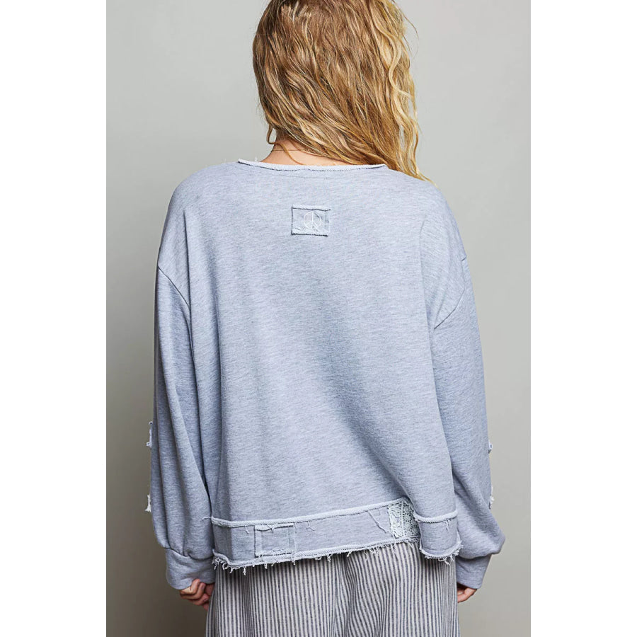POL Exposed Outseam Crochet Patch V-Neck Sweatshirt with Open Wrap-Style Design Apparel and Accessories